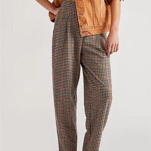 Free People Size XL Posey Plaid Print Button Fly Pleated Knit Pants brown